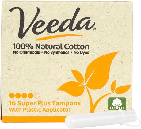 Veeda 100% Natural Cotton Compact BPA-Free Applicator Tampons, Chlorine