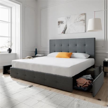 Queen-Deyani Upholstered Storage Bed, Grey