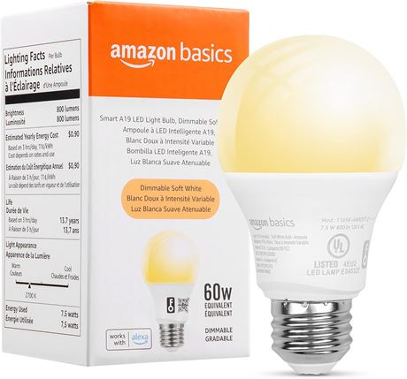 Basics Smart A19 LED Light Bulb, Dimmable Soft White, 2.4 GHz Wi-Fi, 60W