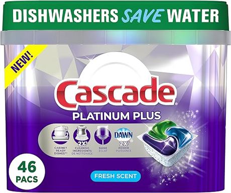 46 Count Cascade Dishwasher Detergent Pods, Platinum Plus ActionPacs