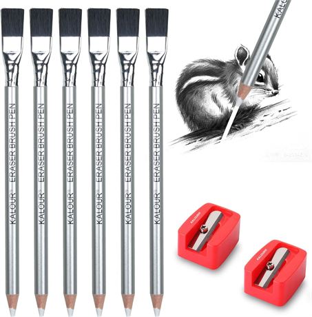 KALOUR Detail Eraser Pencil - 6pc Eraser Pencils with Brush and 2pc Sharpener
