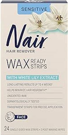 Nair Wax Ready Strips for Face, Unscented for Sensitive Skin with White Lily, 24