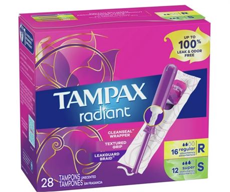 Tampax Radiant Tampons | Duo, Regular/Super, Unscented 28 Tampons