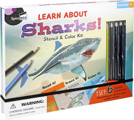 SpiceBox Kids Drawing Coloring Stencil Kit, Learn How to Draw Sharks, Art Kits