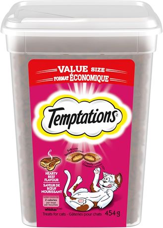 TEMPTATIONS Adult Cat Treats, Hearty Beef Flavour, 454g Tub