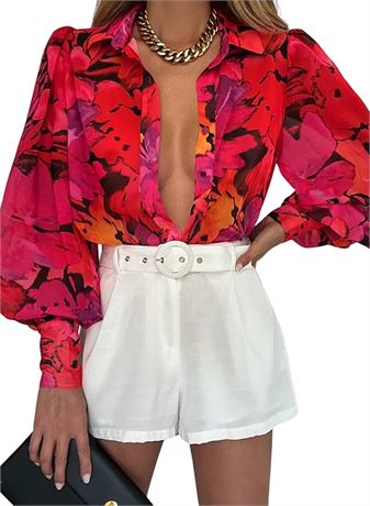 MED - EVALESS Womens Boho Print Button Down Shirts Dressy Tops 2024