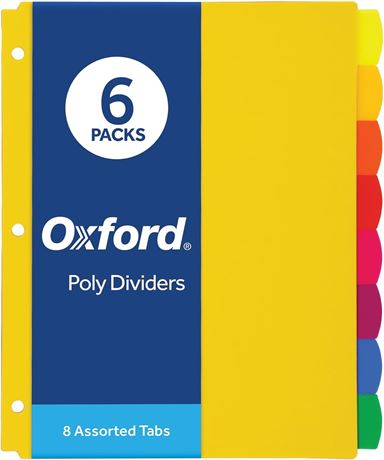 Oxford Plastic Binder Dividers for 3 Ring Binder, 8 Tab, Multicolor Tabs, 3 Hole
