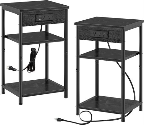 Rolanstar End Table with Charging Station, 3 Tier Slim Nightstand with Storage