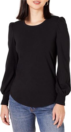 XS -  Essentials Women's Long-Sleeve Crewneck Smocked Cuff T-Shirt, Black