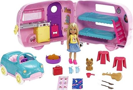 Barbie Club Chelsea Toy Car & Camper Playset, Blonde Chelsea Small Doll