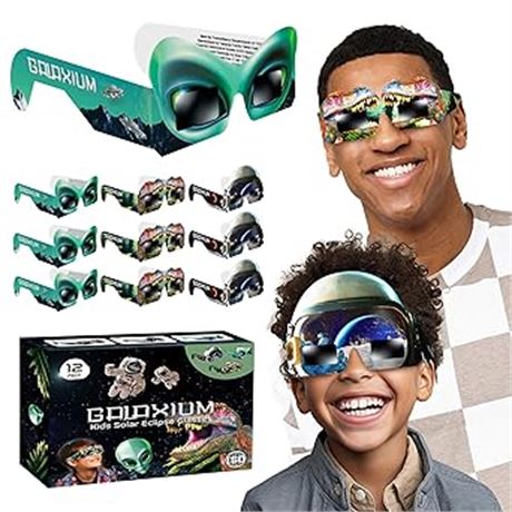 12pk Solar Eclipse Glasses Kids and Adults 2024 Mix Alien & Astronaut & Dinosaur