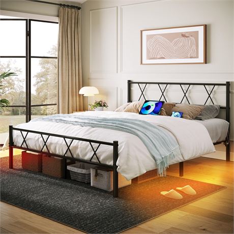 Queen ROCHECASA Queen Bed Frame with USB Ports and LED Light, Metal Platform Bed