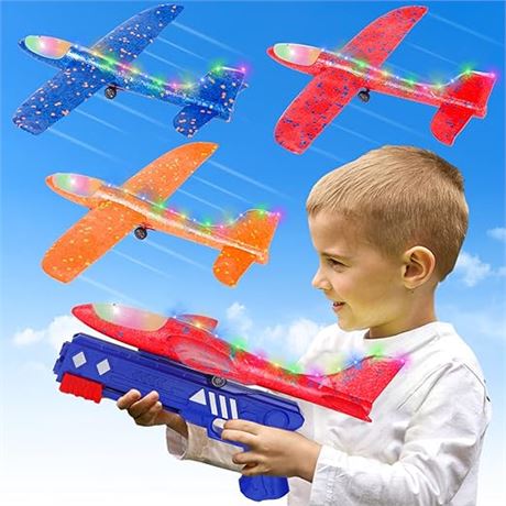 Refasy 3 Pack Airplane Launcher Toys, 2 Flight Mode LED Glider Catapult Plane