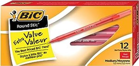12-Count BIC Round Stic Extra Life Ballpoint Pen, Medium Point (1.0mm), Red