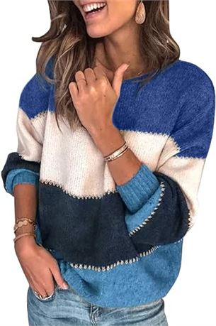 Lrg Blue Necooer Womens Sweaters Pullover Crewneck Long Sleeve Knit Jumper Top