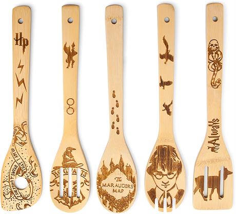 5 Pcs Wooden Spoons for Cooking - Harry Potter Engraved Kitchen Utensils