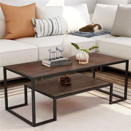 Black Sofa Side Table Industrial Style Low Coffee Table 2 Tier Wood Rustic Brown