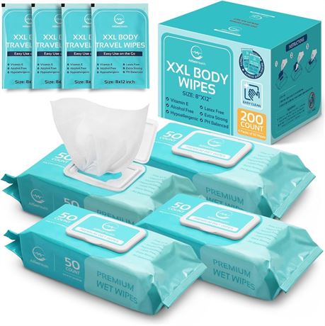 200-Pack Body Wipes for Adults - XL Wet Wipes 8" x 12" | Rinse Free Bathing