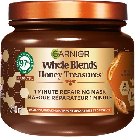 Garnier Whole Blends Honey Treasures Hair Mask for Damaged Hair, 50% Less Hair