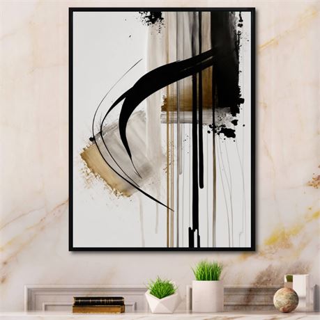 30" x 40" - Designart "Black, White And Gold Expression I" Framed Canvas Art