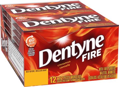 Dentyne Fire Sugar-Free Gum Bubble Gum, Cinnamon, 12 Pack (12 Pieces Each)