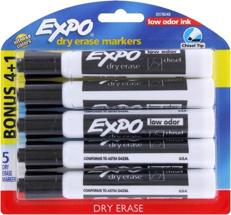 Expo Low Odor Dry Erase Markers, Chisel Tip, Black Ink, 4+1 Count