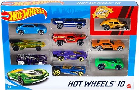 Hot Wheels Set of 10 Toy Cars & Trucks in 1:64 Scale, Race Cars, Semi, Rescue