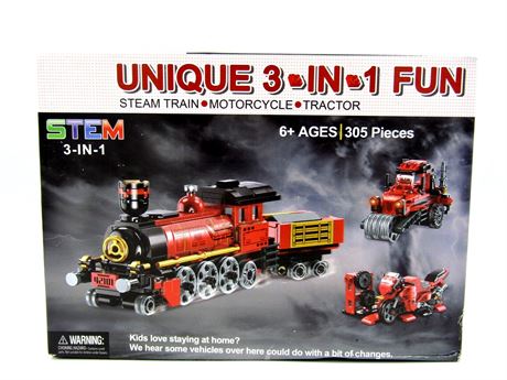 Unique 3-in-1 Fun Steam Train Motorcycle Tractor STEM, 305 Pcs