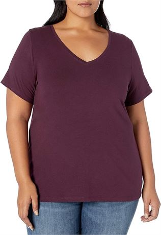 2X Essentials Women's Plus Size Short-Sleeve V-Neck T-Shirt, Burgundy