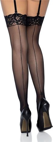 O/S Leg Avenue Women's Sheer Stocking W/Back Seam Lace Top, Black