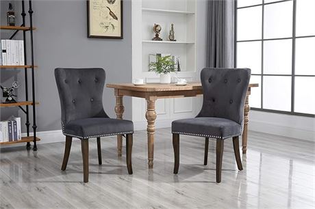 Dining Chairs Set of 2, Velvet Upholstered Grey Accent Chair Button Tufted