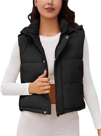 SMALL - Ogfao Womens Puffer Vest with Hood Winter Warm Outerwear Vests, Black