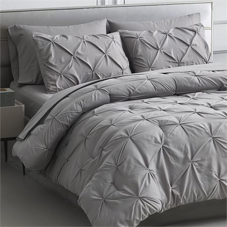 Queen - Maple&Stone Comforter Set 7 Pieces Pinch Pleat Bed in A Bag, Grey