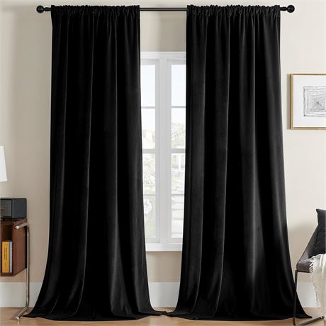 108 in 2 Panels Joydeco Black Velvet Curtains, Luxury Rod Pocket Thermal Insulat