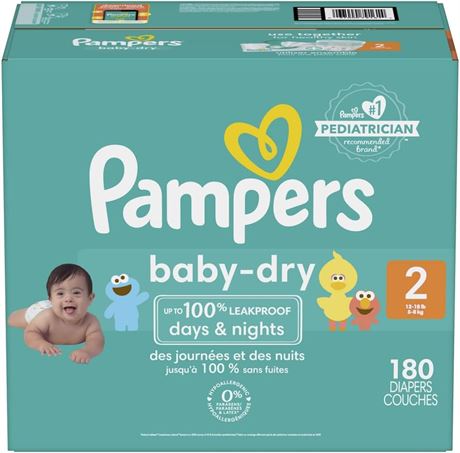 Size 2 Pampers Baby Dry Diapers, 180 Count