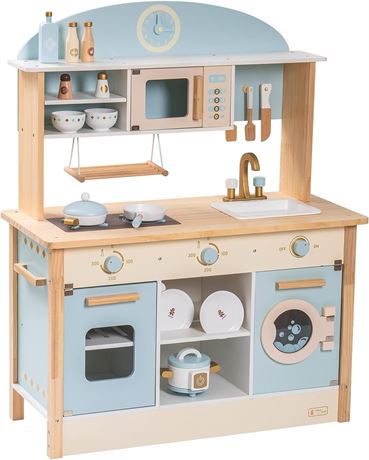 ROBUD Wooden Play Kitchen Set for Kids Toddlers, Toy Kitchen Gift for Boys Girls