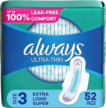 Always, Ultra Thin Pads For Women, Size 3, Extra Long Super Absorbency With Wing