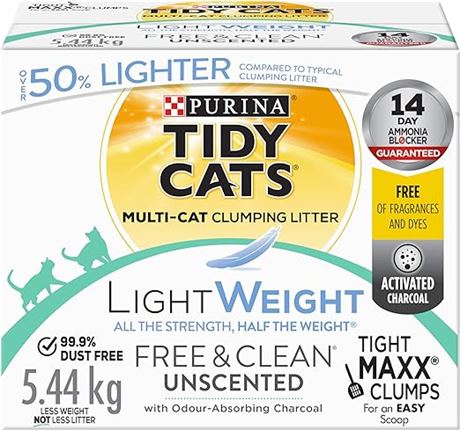 Tidy Cats Free & Clean Cat Litter, LightWeight Unscented Multi-Cat - 5.44 kg Box