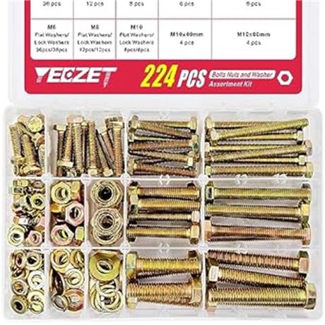 YEEZET 224PCS Grade 8.8 M6 M8 M10 Heavy Duty Bolts and Nuts Assortment Kit