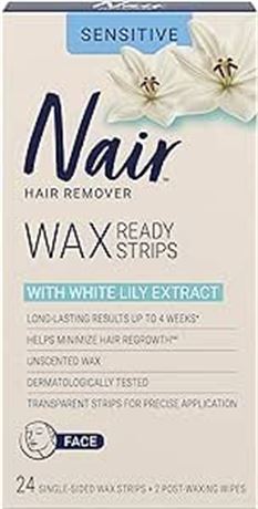 Nair Wax Ready Strips for Face, Unscented for Sensitive Skin with White Lily, 24