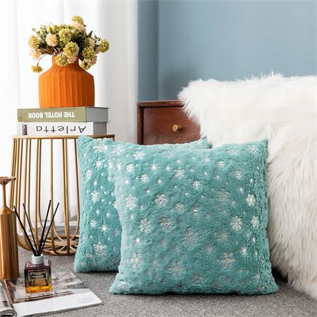 LIGICKY Set of 2 Fluffy Teal Faux Fur Pillow Covers with Silver Snowflake Glitt