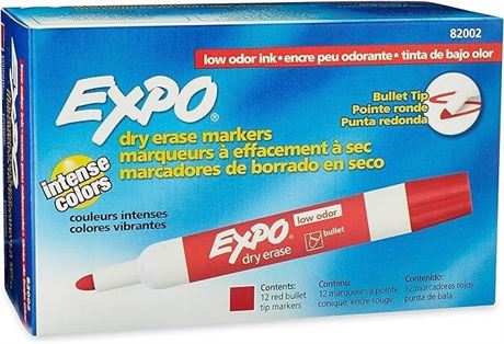 12 Pack Expo Dry Erase Markers,  with Low Odour Ink, Bullet Tip Red