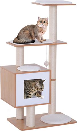 PawHut 47" Wood Cat Tree, Cat Condo Tower with Scratching Post, Toy Ball, Natura