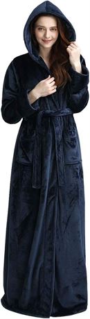 MED - Hellomamma Long Hooded Robe for Women Luxurious Flannel Fleece Full Length
