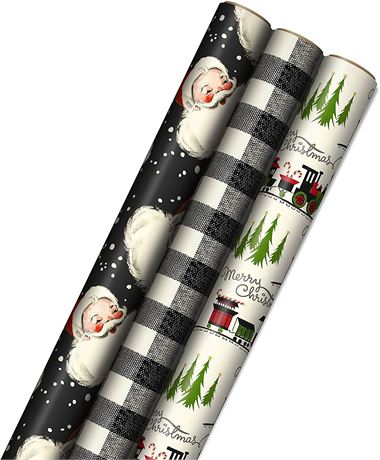 3 Rolls of Hallmark Black Christmas Wrapping Paper with Cut Lines on Reverse