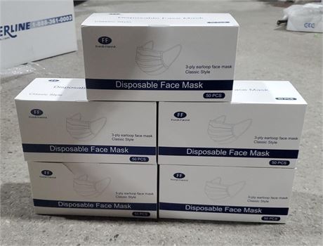 5 Packs Of 50pk - Total 250 Pieces - 3 Ply Disposable Face Masks