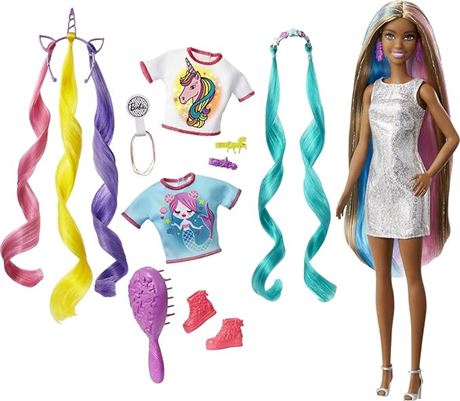 Barbie Fantasy Hair Doll, Brunette, with 2 Decorated Crowns
