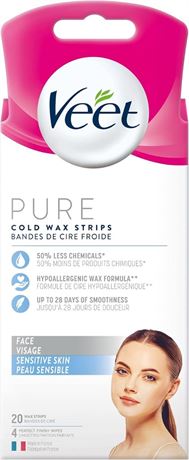 Veet PURE, Face Wax Strips, Sensitive Skin, Hypoallergenic Formula, 20ct, White