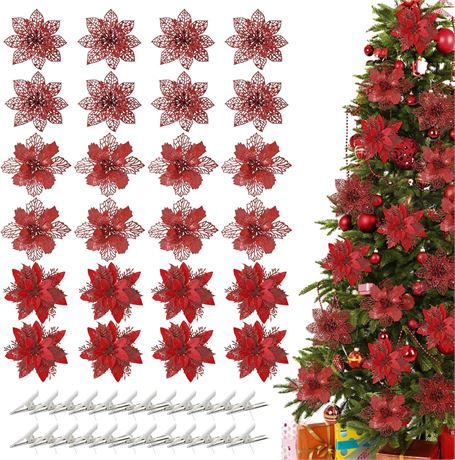 TOCHGREEN 24 Pieces 3 Styles Christmas Glitter Poinsettia Flowers with 24Pcs
