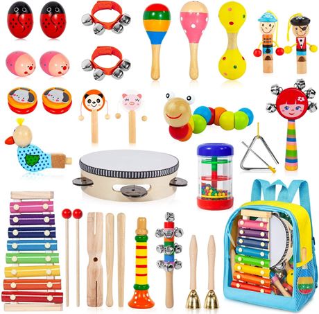 Toddler Musical Instruments, 32PCS 19 Types Wooden Percussion Instruments Toys